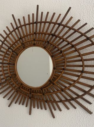 Miroir vintage 1960 soleil rotin style ORTF spirale - 80 x 6