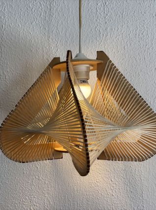 Suspension vintage 1960 scandinave lustre fil et bois - 23 x