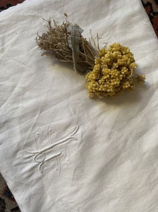 Nappe ancienne en fil de coton damassé  monogramme SL.