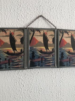 Miroir vintage 1940 triptyque barbier coiffeur bateau mer - 
