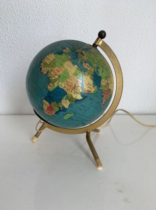 Globe vintage 1967 terrestre Taride tripode doré verre mappe