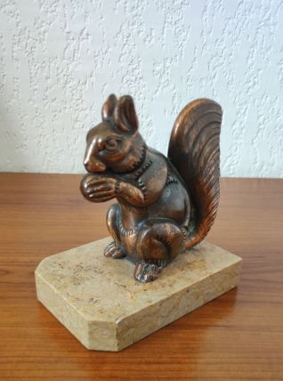 Ancien Serre Livres Ecureuil en Régule sur Marbre - Art Déco