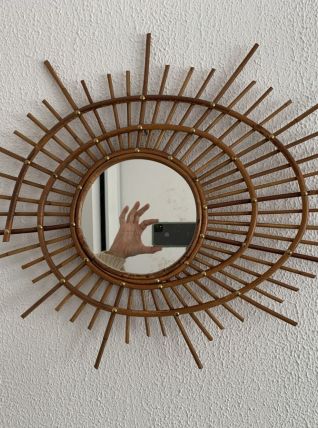 Miroir vintage 1960 soleil rotin osier ORTF spirale design -