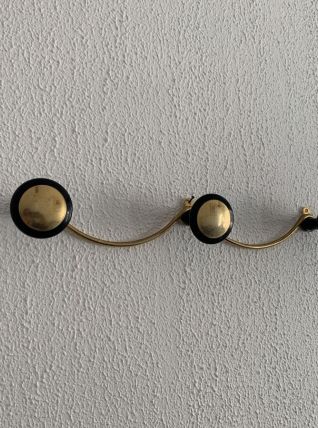 Portemanteau vintage 1960 mural doré noir 3 patères - 45 x 7