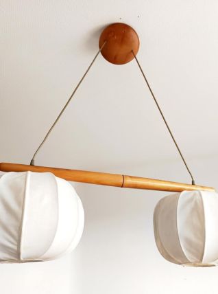 Suspension scandinave vintage, bois et tissu 