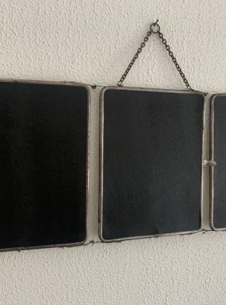 Miroir vintage 1950 triptyque barbier simili lézard noir coi
