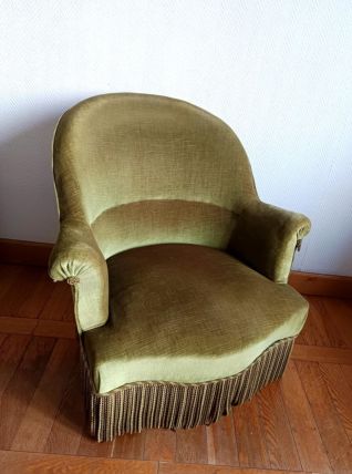Fauteuil crapaud en velours vert art déco 