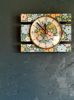 Horloge vintage pendule murale silencieuse Fleurs bleu vert