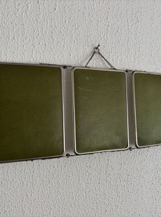 Miroir vintage 1950 triptyque barbier biseauté vert olive - 