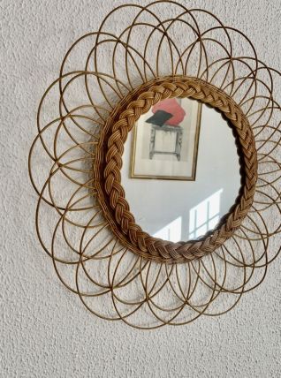 Miroir vintage 1960 soleil fleur rotin osier french riviera 