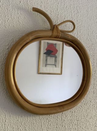 Miroir vintage 1970 pomme rotin osier fruit - 35 x 32 cm