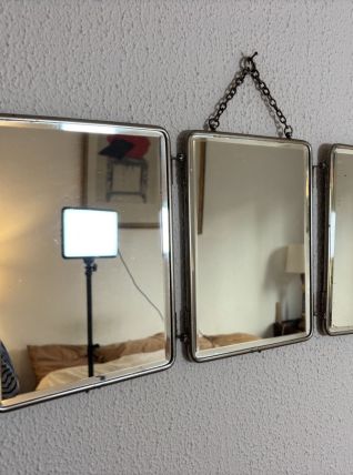 Miroir vintage 1930 triptyque barbier cristal biseauté blanc