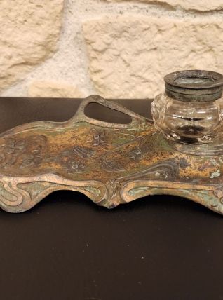 Encrier ancien signé Robert Elias – Laiton – Objet rare XIXᵉ