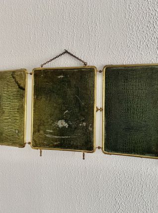 Miroir vintage 1920 triptyque barbier doré simili crocodile 