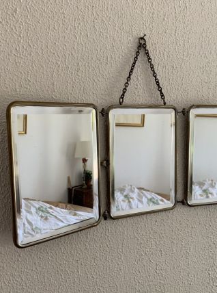 Miroir vintage 1930 triptyque de barbier lézard brun Art Déc