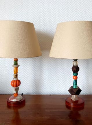 Paire de lampes modernistes vintage pierre et bois 