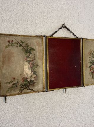 Miroir vintage 1900 triptyque barbier JB doré lie de vin - 3