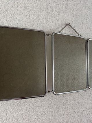 Miroir vintage 1960 triptyque barbier argenté Arpin - 28 x 7