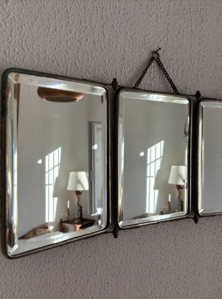 Miroir vintage 1930 triptyque barbier cristal biseauté- 25 x