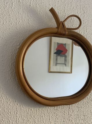 Miroir vintage 1960 pomme rotin osier bambou - 32 x 35 cm