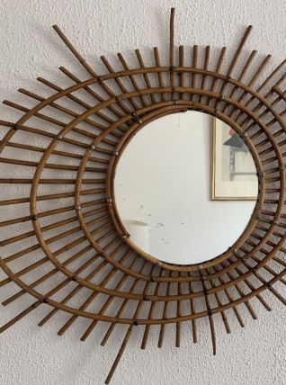 Miroir vintage 1960 soleil rotin style ORTF spirale oeil - 9