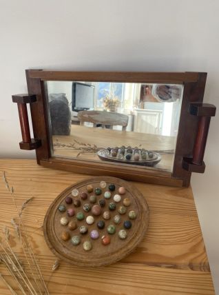 Plateau art déco en bois et miroir.