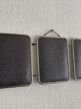 Miroir vintage 1960 triptyque barbier simili crocodile bleu 