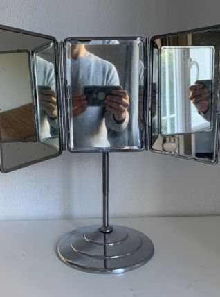 Miroir vintage 1940 triptyque barbier pied biseauté - 40 x 3