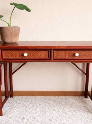 Grand bureau en rotin vintage style Maugrion 1960