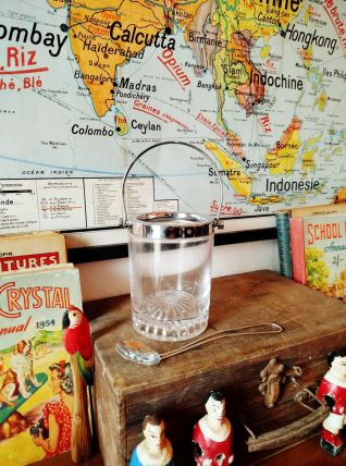 Sceau à glace vintage en verre ciselé et métal chromé 