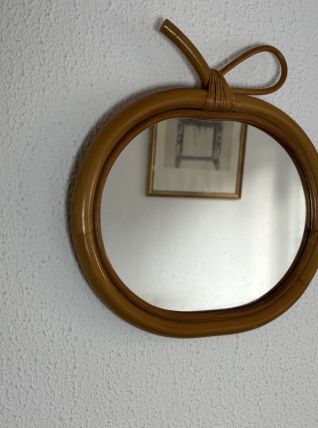 Miroir vintage 1960 pomme rotin osier bambou - 32 x 33 cm