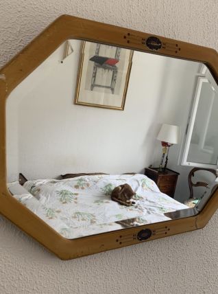 Miroir vintage 1930 Art Déco biseauté octogonal bois stuc - 