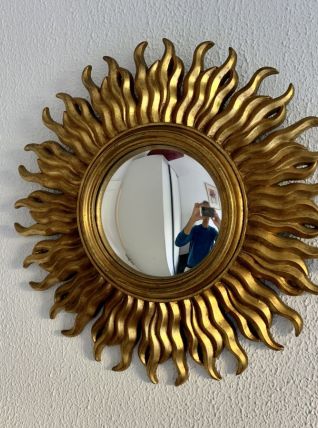 Miroir vintage 1960 soleil oeil de sorcière or bombé - 48 cm