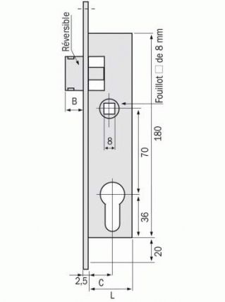 Serrure Métalux DOM bec de canne à cylindre- Tétière INOX Coffre 36 mm 