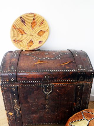 Grande malle en cuir marron vintage 70's 