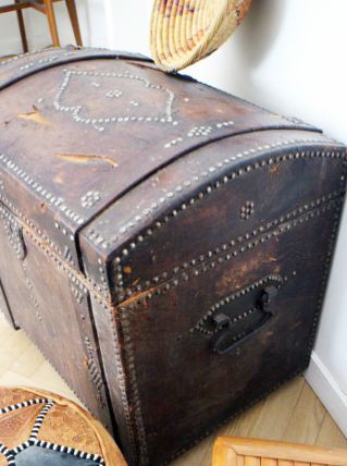 Grande malle en cuir marron vintage 70's 