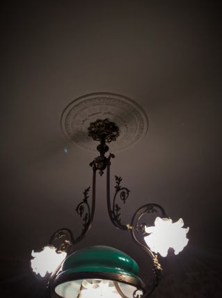 Superbe lustre laiton avec opaline verte et corolles florales