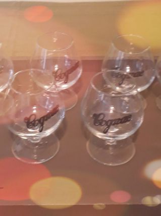 6 verres cognac, medaillon "cognac" en étain