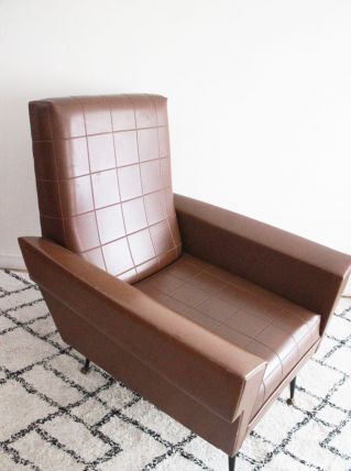 Fauteuil skaï marron pieds compas 1950's