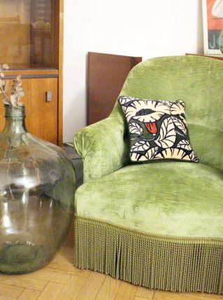 RARE - Fauteuil crapaud velours vintage vert amande 1970's