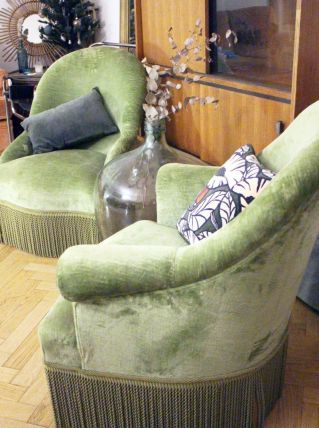 RARE - Fauteuil crapaud velours vintage vert amande 1970's