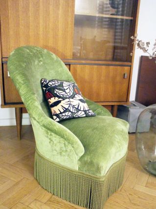 RARE - Fauteuil crapaud velours vintage vert amande 1970's