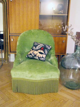 RARE - Fauteuil crapaud velours vintage vert amande 1970's