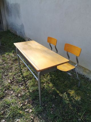 Bureau d'écolier  - Acier gris &amp; bois