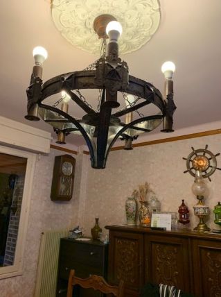 Luste rustique métal et bois 5 ampoules