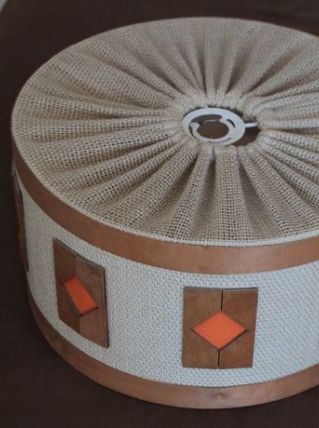 Suspension,abat-jour bois et tissu années 50