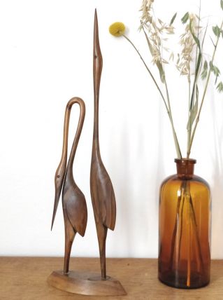 Couple de hérons vintage en bois sculpté