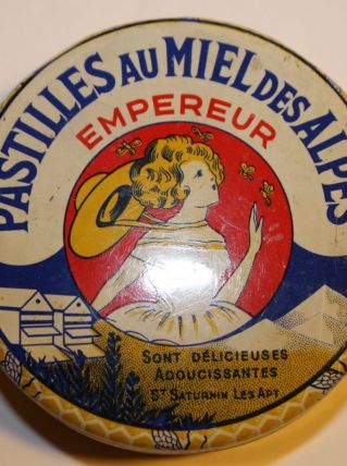 ancienne boite métal pastilles au miel des Alpes