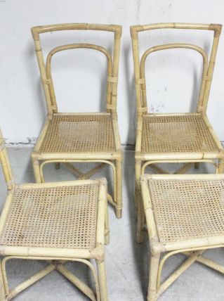 Série de 4 chaises rotin et cannage vintage originales