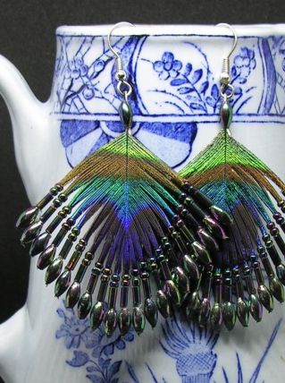 Boucles d'Oreilles Rétro Plumes de Paon Véritables 1980